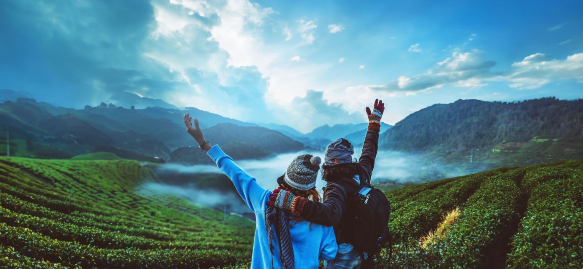 lover woman and man asian travel nature. Travel relax. Natural park on the Moutain. Thailand