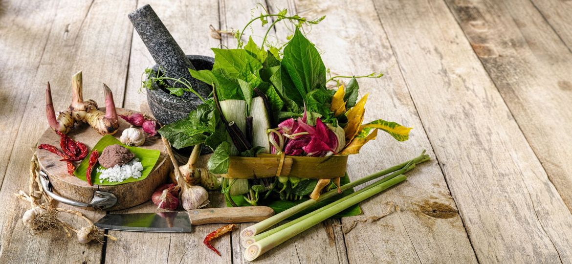 Northern Thai herbs, spices and vegetables for a Northern Thai traditional recipe called 'Gaeng Khae', which is a curry made of a seasonal mix of flowers and herbs, and can be cooked with free range chicken or pork.