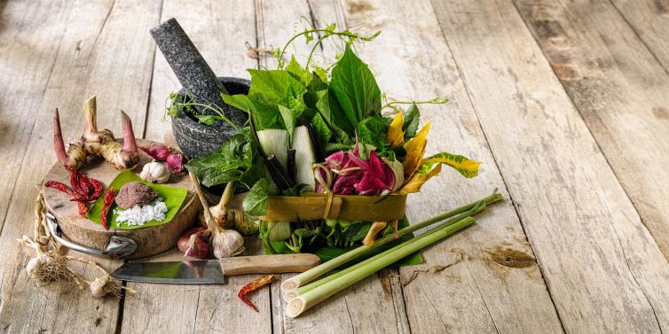 Northern Thai herbs, spices and vegetables for a Northern Thai traditional recipe called 'Gaeng Khae', which is a curry made of a seasonal mix of flowers and herbs, and can be cooked with free range chicken or pork.